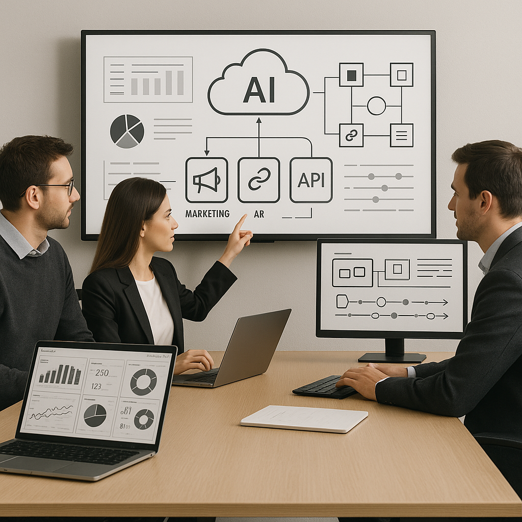 Équipe intégrant des outils marketing à une plateforme IA, écrans montrant des dashboards et des connexions API