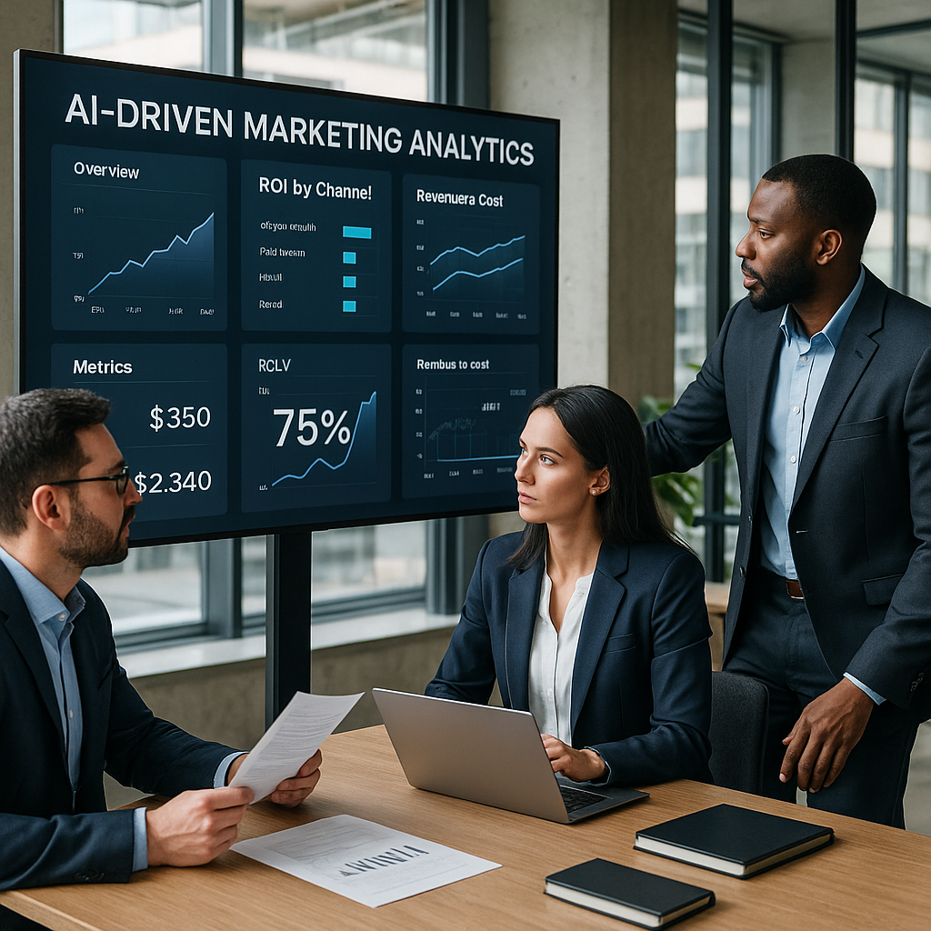 Tableau de bord professionnel montrant des indicateurs marketing pilotés par IA (ROI, CAC, CLV) en office moderne