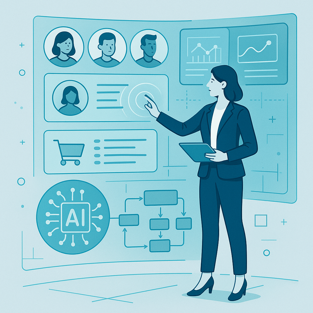 Tableau de bord illustrant la personnalisation client pilotée par IA avec segments, recommandations et analytics en temps réel