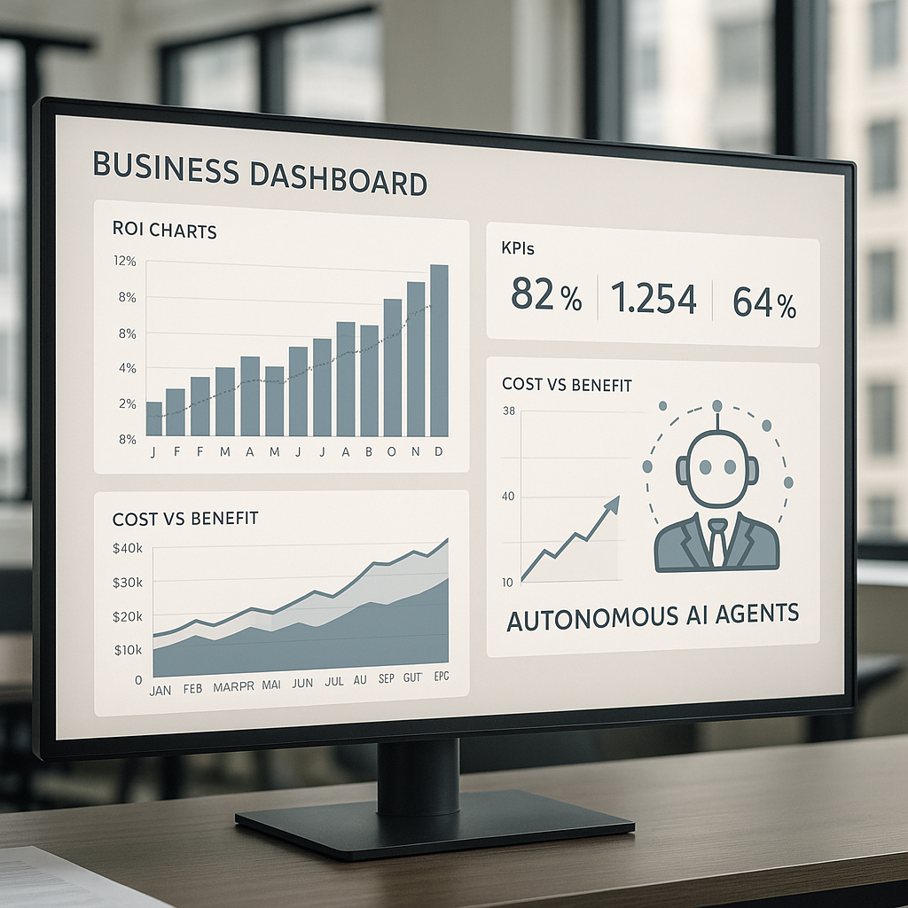 Tableau de bord professionnel affichant les KPI et le ROI d'agents IA autonomes