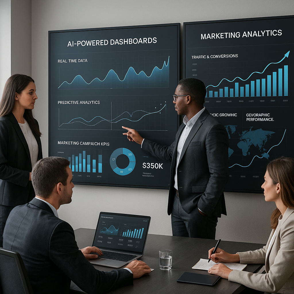 Tableau de bord marketing piloté par l'intelligence artificielle affichant des graphiques et KPI