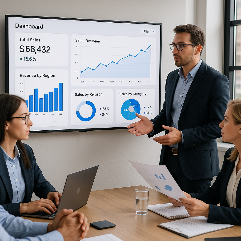 Équipe analysant un tableau de bord interactif moderne pour le pilotage par les données