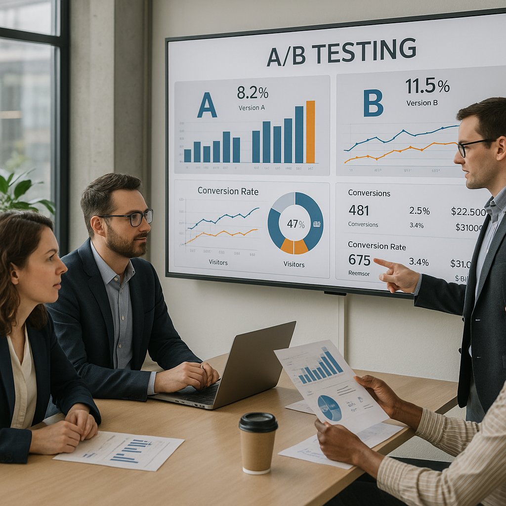 Équipe marketing analysant des tableaux de bord de tests A/B avec graphiques et métriques